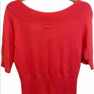 EUC CACHÉ knit coral pink 1/2 sleeve boat neck sweater with laces at bottom SZ L
